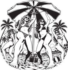 Obraz premium Beautiful Girls Party in Bikinis Under Beach Umbrella
