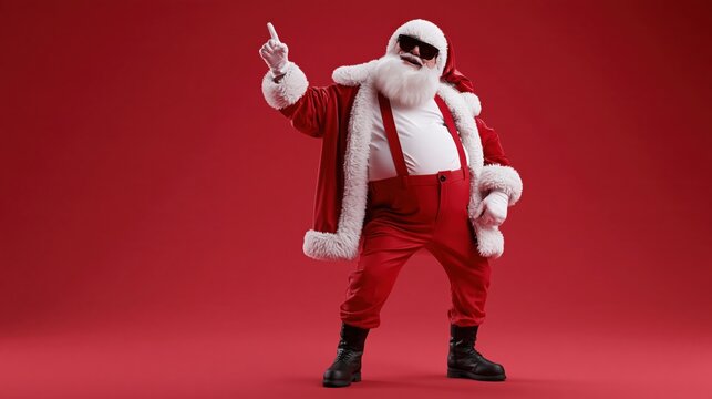 Full length photo of handsome old dabber fat funny santa claus in eyeglasses dance with his hand raised in a funny pose, isolated over red background