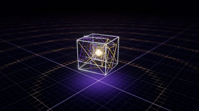 Morphing purple and gold tesseract hypercube wireframe with a glowing core over a lit grid floor