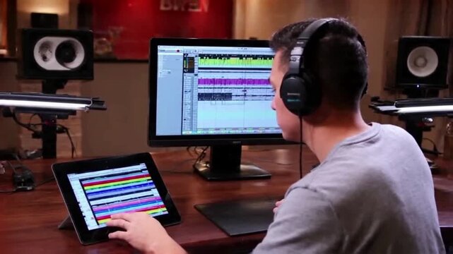 Person mixing audio in a studio using a computer monitor and a tablet running the control app. Person wearing headphones in a home recording studio with a computer monitor and a tablet displaying audi
