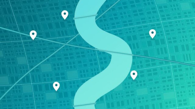 Stylized teal map with winding river road and multiple location pin markers dropping across a city grid