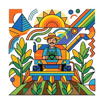 Farmer Driving Combine Harvester in Corn Field with Abstract Geometric Landscape Illustration Style