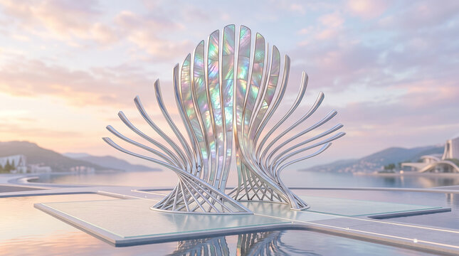 a symmetrical, futuristic metallic sculpture that resembles an open shell or fan with iridescent, colorful inner panels, set on a reflective platform near water under a soft sunset sky.