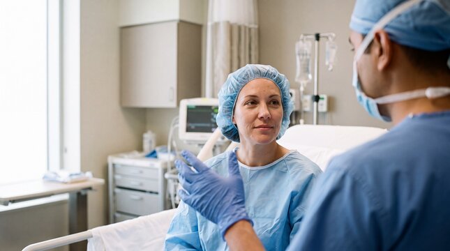 Surgeon explaining medical procedure to patient in preoperative room. Caucasian woman in surgical gown listening to specialist discuss healthcare treatment.