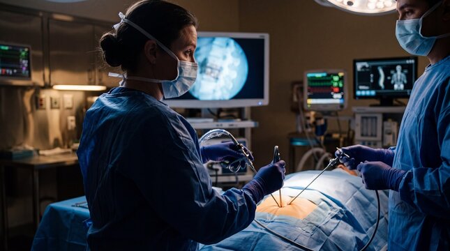 Surgeon performing minimally invasive laparoscopic operation on patient in operating room. Medical specialist using precision endoscopic tools with vital signs monitor display in hospital.