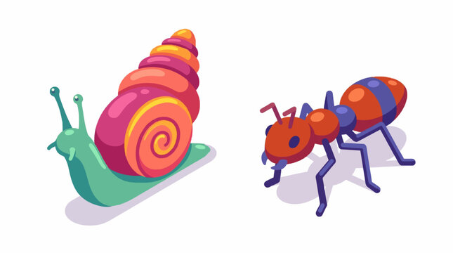 Isometric flat vector illustration set of a colorful snail with spiral shell and a red worker ant