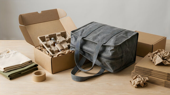Disassembled cardboard box with packaging materials