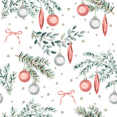 Obraz premium Christmas seamless pattern, green fir twigs, white, pink balls, bows, stars, white background. Vector illustration. Festive design. Season greeting. Winter xmas holidays