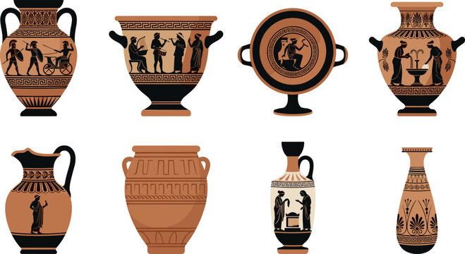Collection of Ancient Greek pottery vases and amphorae featuring traditional black figure mythology illustrations and decorative patterns