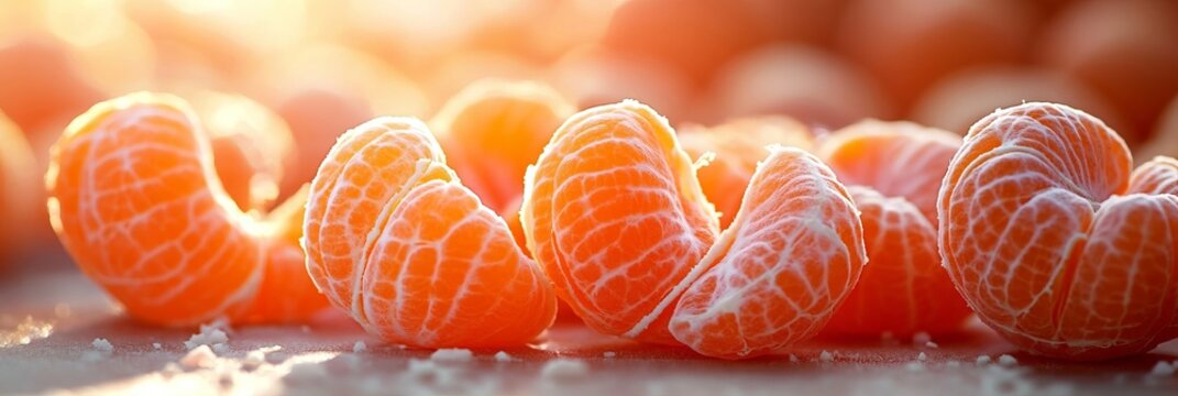 Fresh Juicy Mandarin Orange Segments Arranged Artistically on a Bright Light Textured Background