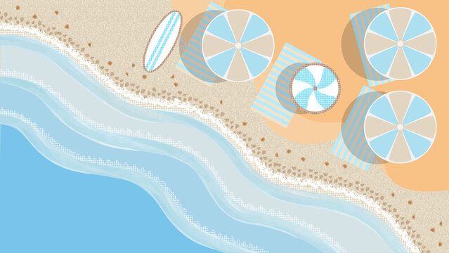 top view of beach illustration technology background. sunny ocean or sea waves with foam umbrellas beach towels surfboard represents summer vacation planning provides seasonal tourism background.