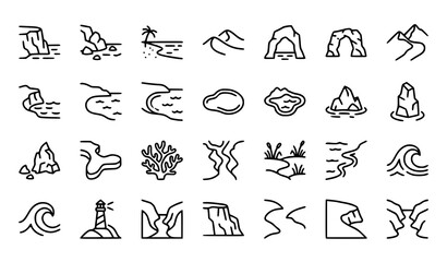 Obraz premium Coastal Terrain Natural Landforms Linear Icon Set Editable Thin Line Vector Symbols