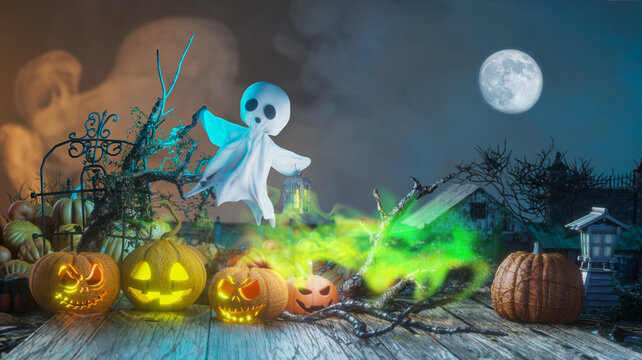 Spooky 3D Halloween Scene with Ghost, Glowing Jack-o-Lanterns, Haunted Gate and Full Moon render 3d