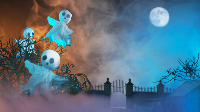 Spooky 3D Halloween Scene with Ghost, Glowing Jack-o-Lanterns, Haunted Gate and Full Moon render 3d