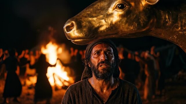Moses Confronts the Golden Calf Idolatry in a Dramatic Biblical Exodus Scene Symbolizing Betrayal Judgment Faith Covenant Repentance Obedience Divine Law and Spiritual Conflict Among the Israelites