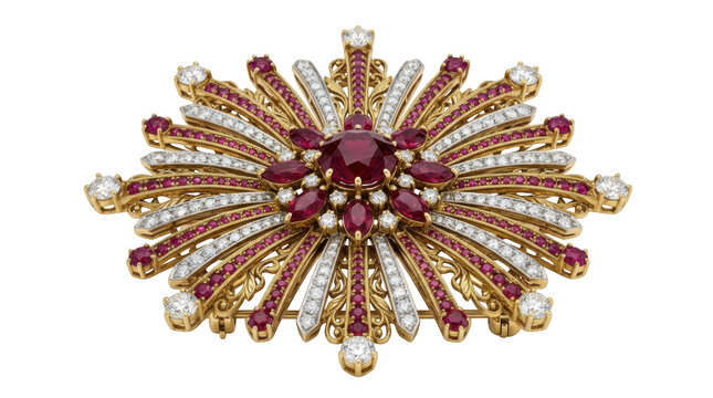 Ornate gold brooch featuring a large central ruby and diamond accents isolated on transparent background