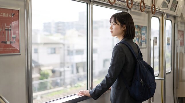 Pensive Japanese woman looking out train window
