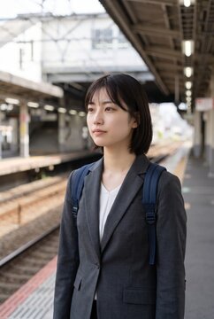 A platform portrait of a Japanese commuter wearing a backpack
