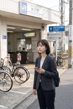 Outside the station, a Japanese commuter holds her phone