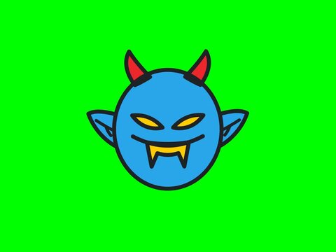 Mischievous cartoon blue devil head with red horns and sharp fangs, an expressive character illustration against a vibrant green background, perfect for playful and spooky graphic designs