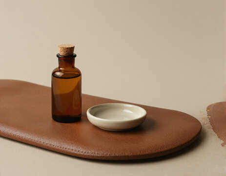 Frosted Amber Glass Bottle on Raw Leather Pad