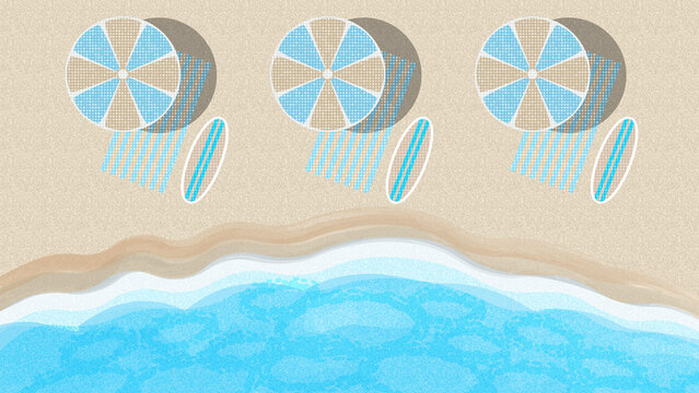 top view of beach illustration technology background. sunny ocean or sea waves with foam umbrellas beach towels surfboard represents summer vacation planning provides seasonal tourism background.