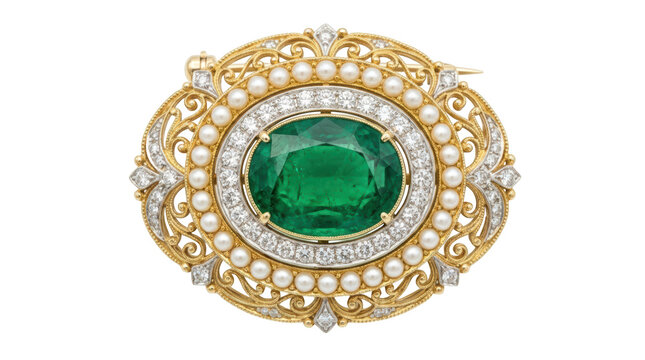 Antique oval emerald and diamond brooch isolated on transparent background