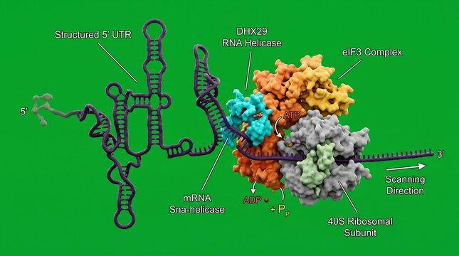 Molecular model of DHX29 RNA helicase facilitating mRNA translation process