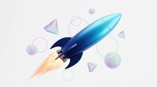Launching rocket with colorful geometric shapes in space setting