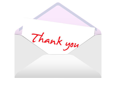 Envelope and card with the text "Thank you", 3D illustration