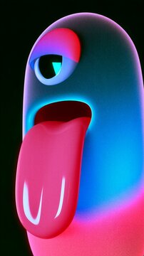Colorful Funny Neon One-Eyed Monster with Pink Tongue on Black Background