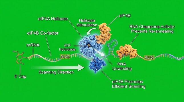 Scientific diagram showing eIF4B stimulating eIF4A helicase on mRNA strand