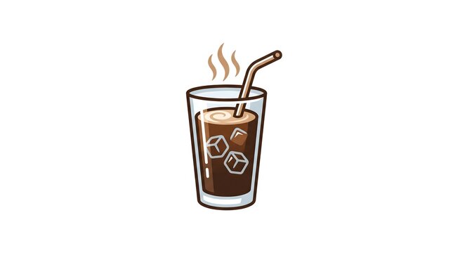 Vector illustration of an iced coffee drink in a clear glass with ice cubes, a drinking straw, and rising steam, isolated on a white background