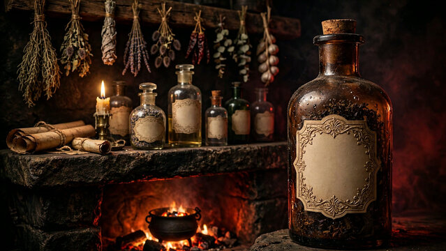 Antique apothecary potion bottles with blank labels on a stone fireplace mantel beside a glowing cauldron with hanging dried herbs