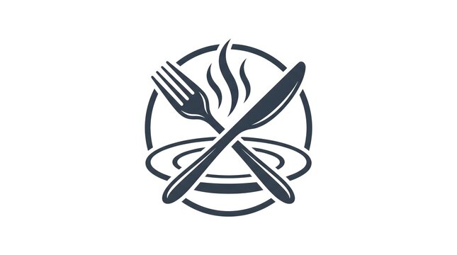 Vector logo or icon illustration of a crossed fork and knife over a hot steaming plate, framed in a circle, perfect for restaurant and catering