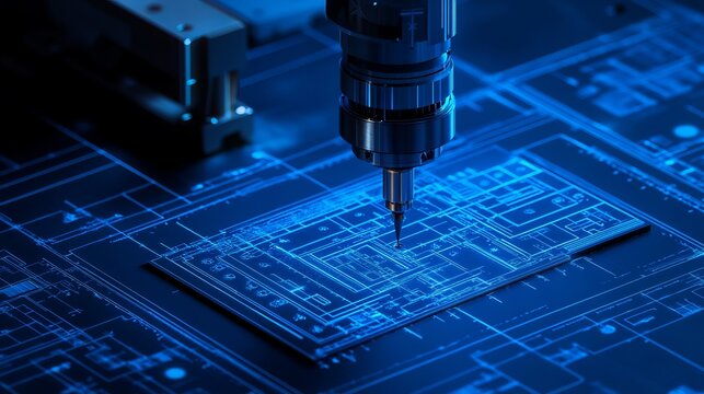 CNC machining unit executing precise mechanical carving on industrial engineering schematics.