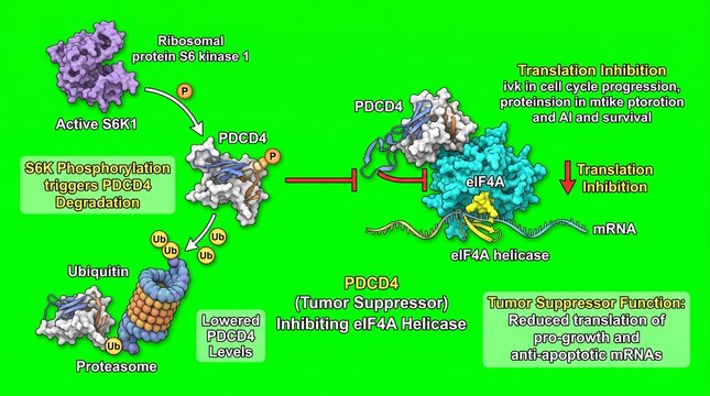 Scientific diagram showing PDCD4 protein inhibiting eIF4A helicase activity