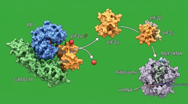 Molecular diagram of PP1 GADD34 complex dephosphorylating eIF2alpha protein