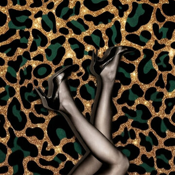 Female legs in high heels over green and gold leopard print background, fashion design
