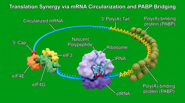 Scientific diagram of mRNA circularization and protein bridging mechanism