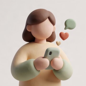 Close up of faceless clay figure holding smartphone with empty speech bubble and two hearts, concept of texting, online chat and emotional connection