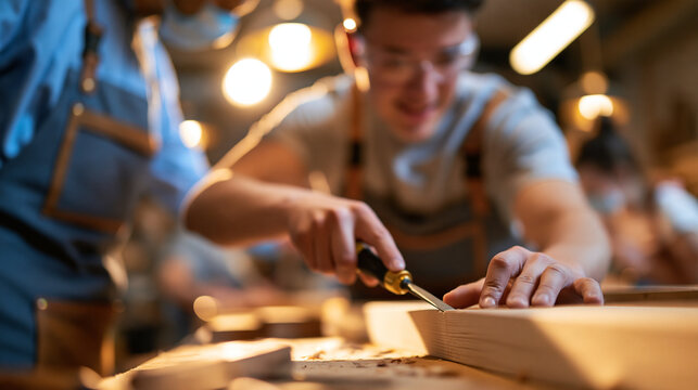 Faceless teenagers learning woodworking skills in a classroom workshop, using hand tools and following instructor guidance, career training concept, with copy space