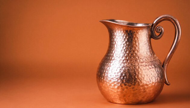 Hammered copper pitcher with curved handle stands on a warm orange surface against a matching background, showcasing traditional metal craftsmanship.