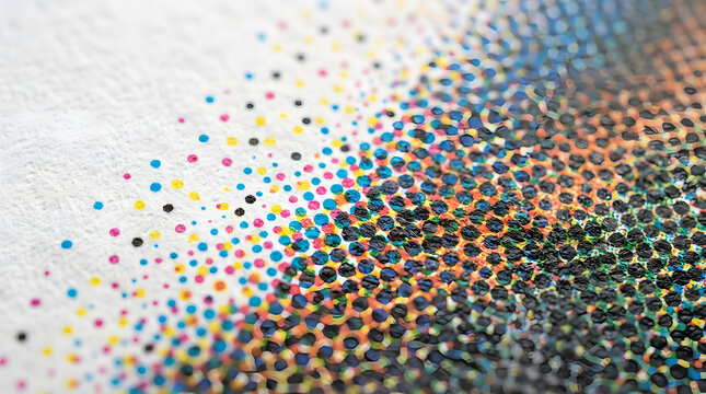 Close-up of colorful CMYK halftone print pattern on paper