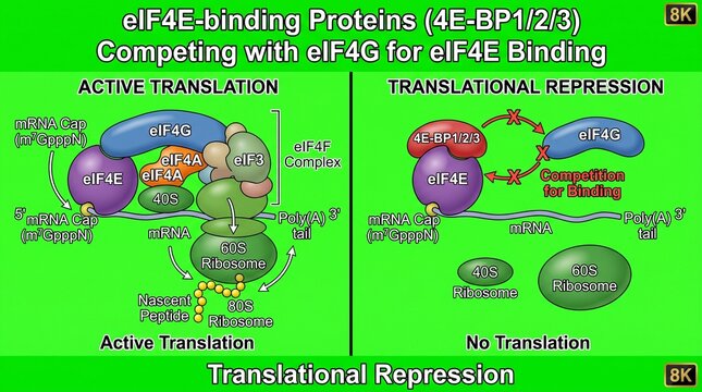 Scientific diagram showing eIF4E binding proteins and translational repression
