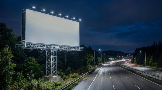 Mockup hiperrealista de una valla publicitaria nocturna completamente en blanco, iluminada por focos, lista para insertar cualquier dise&ntilde;o.