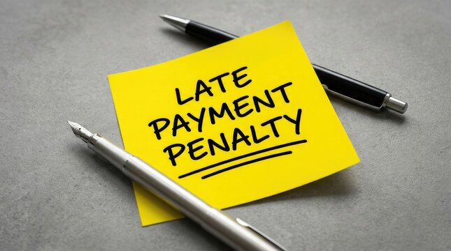 Yellow sticky note with late payment penalty warning on desk with pens