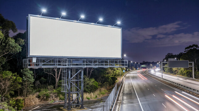 Mockup hiperrealista de una valla publicitaria nocturna completamente en blanco, iluminada por focos, lista para insertar cualquier dise&ntilde;o.