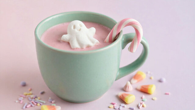 Cute ghost marshmallow floating in a mint mug of pink hot cocoa with a candy cane and pastel sprinkles on a blush background