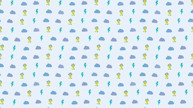 Seamless pattern of clouds, lightning bolts, and flowers
